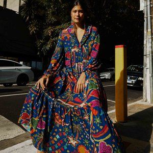 FARM RIO Blue Folk Party Maxi Dress